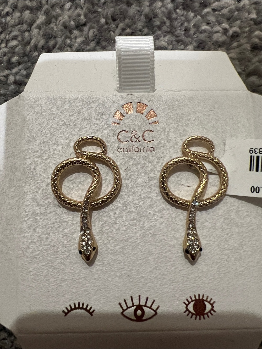 C&C California Gold Snake Loop Earrings with Crystal Heads